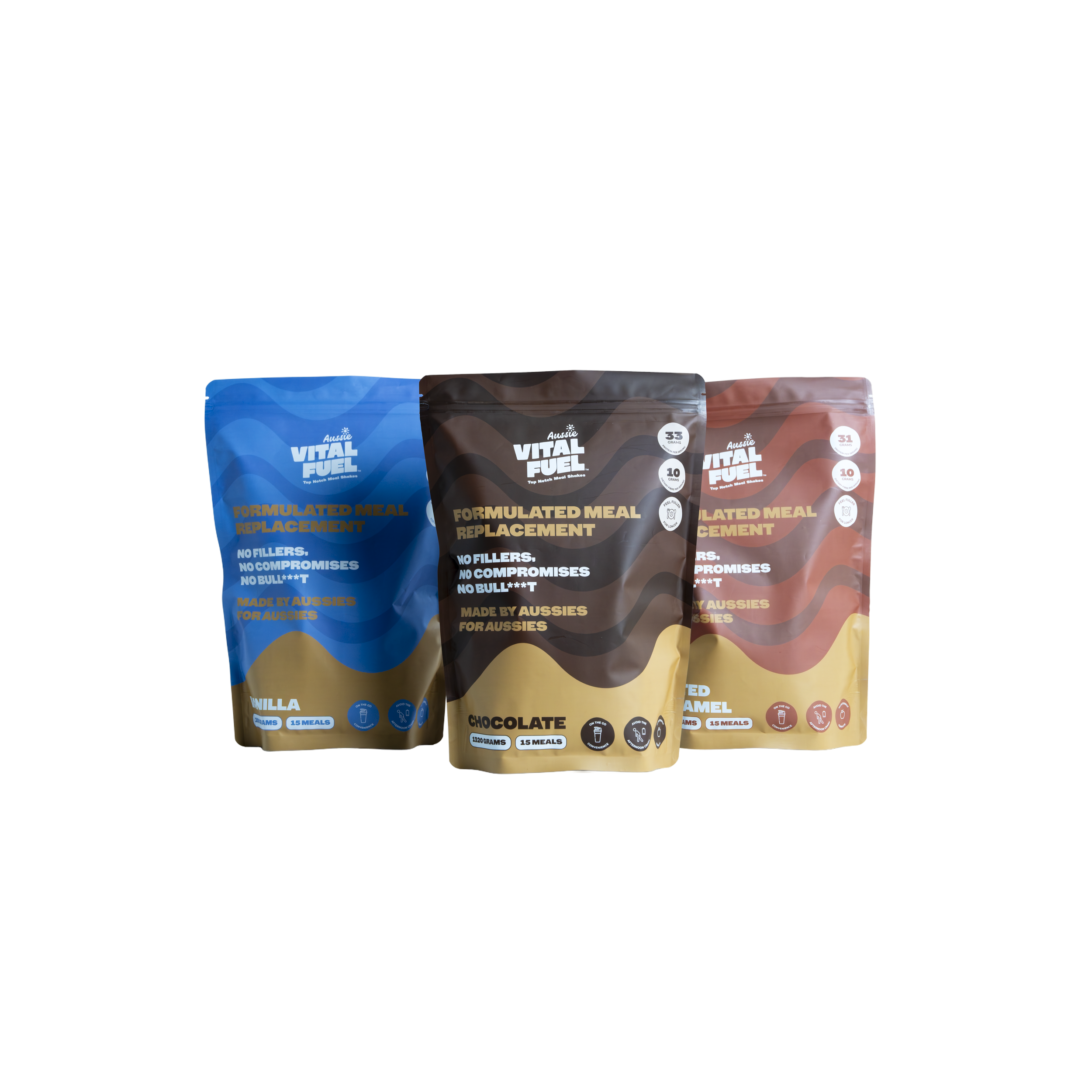 Aussie Vital Fuel meal replacement pouches in vanilla, chocolate and salted caramel